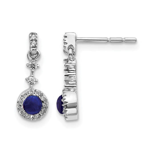 14k White Gold 1/6 Ct. Lab Grown Diamond VS/SI+ G+ and Cabochon Created Sapphire Dangle Post Earrings