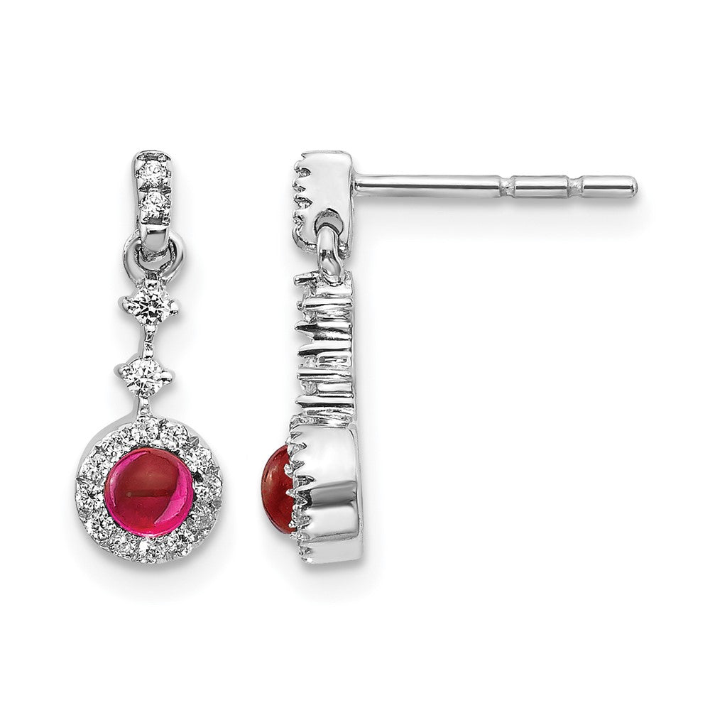 14k White Gold 1/6 Ct. Lab Grown Diamond VS/SI+ G+ and Cabochon Created Ruby Dangle Post Earrings