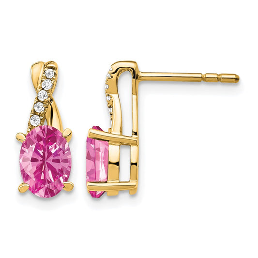 10K Yellow Gold Created Pink Sapphire And Diamond Earrings