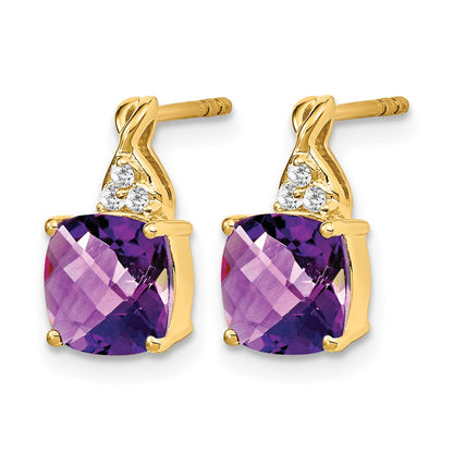 10K Yellow Gold Checkerboard Amethyst And Diamond Earrings