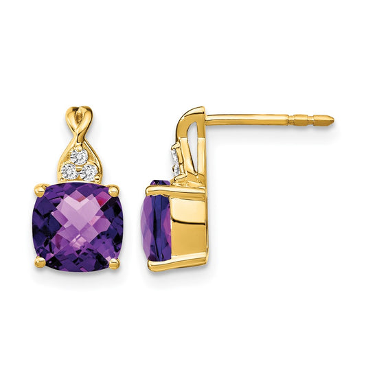 10K Yellow Gold Checkerboard Amethyst And Diamond Earrings