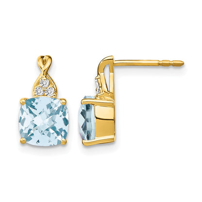 10K Yellow Gold Checkerboard Aquamarine And Diamond Earrings