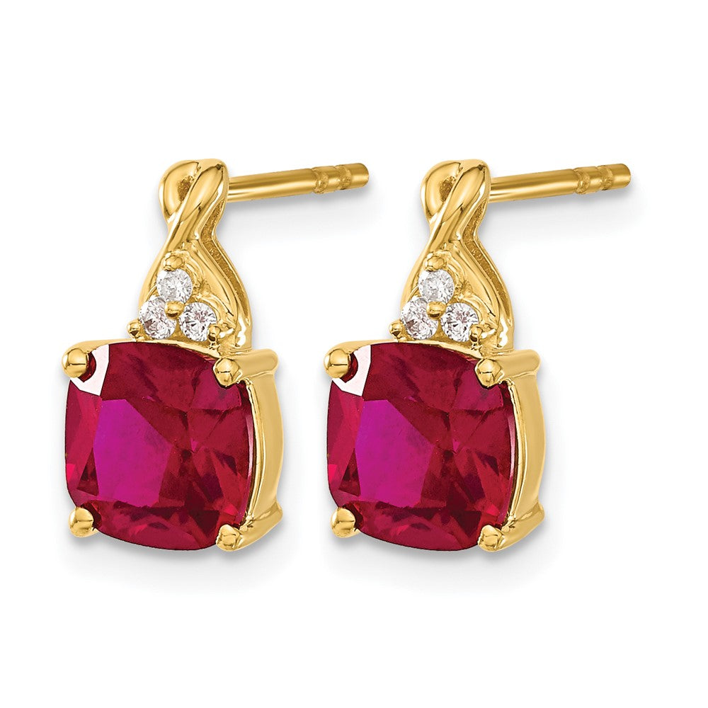 10K Yellow Gold Checkerboard Created Ruby And Diamond Earrings