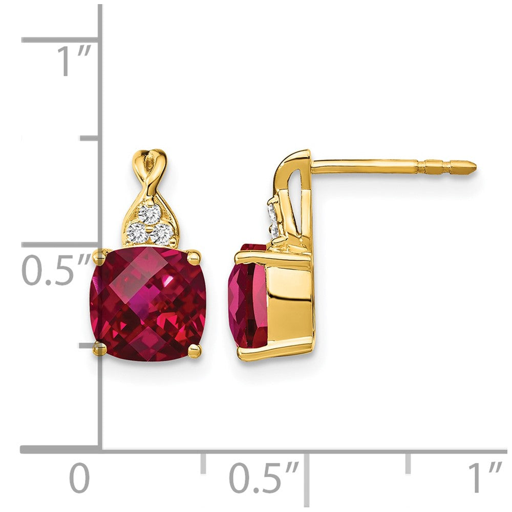 10K Yellow Gold Checkerboard Created Ruby And Diamond Earrings