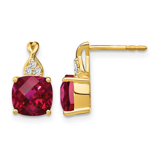 10K Yellow Gold Checkerboard Created Ruby And Diamond Earrings