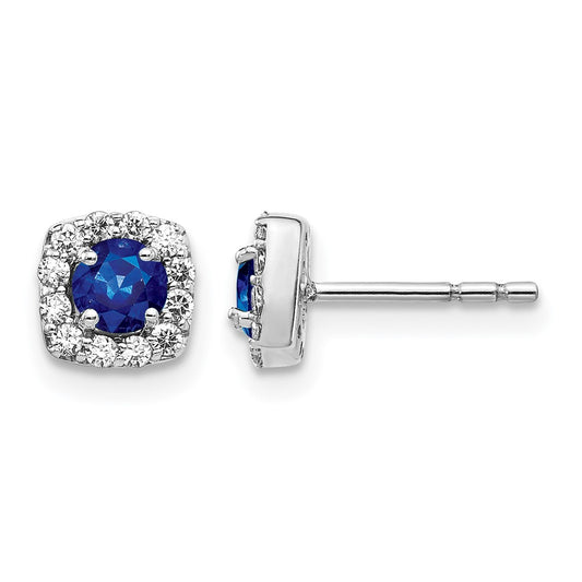 14k White Gold 1/5 Ct. Lab Grown Diamond VS/SI+ G+ and Created Sapphire Square Halo Post Earrings