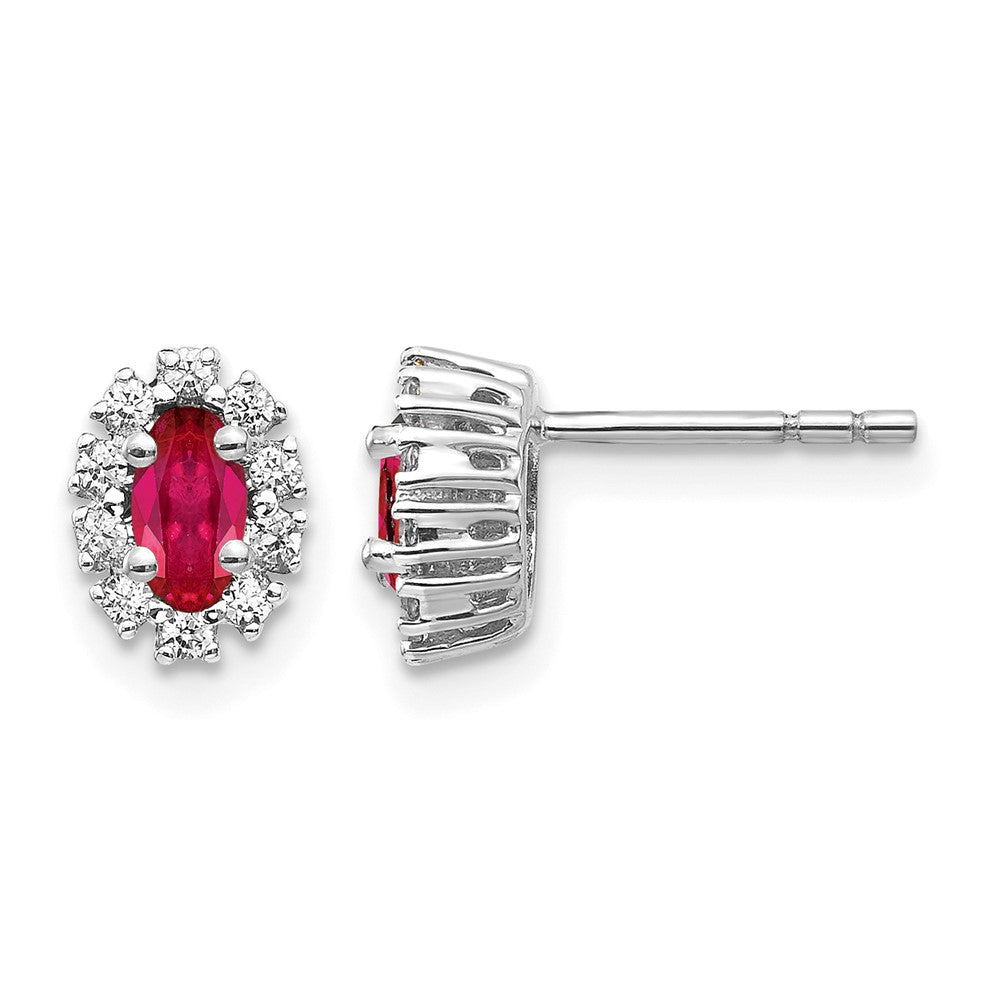 10K White Gold Diamond And Ruby Oval Halo Earrings