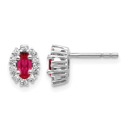 10K White Gold Diamond And Ruby Oval Halo Earrings