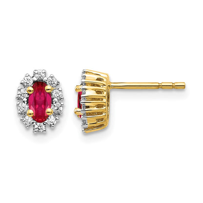 10K Yellow Gold Diamond And Ruby Oval Halo Earrings