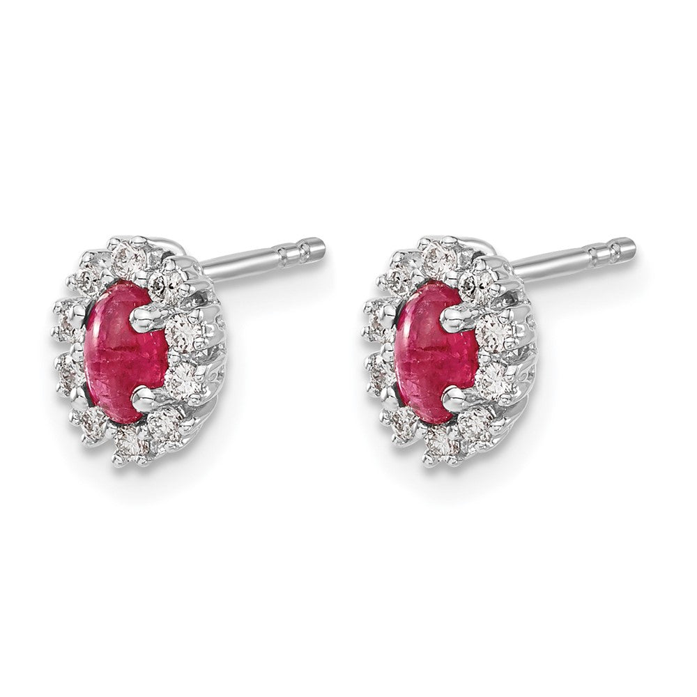 14k White Gold 1/5 Ct. Lab Grown Diamond VS/SI+ G+ and Oval Created Ruby Halo Post Earrings