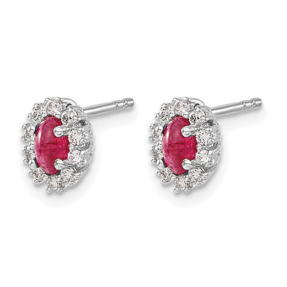 14k White Gold 1/5 Ct. Lab Grown Diamond VS/SI+ G+ and Oval Created Ruby Halo Post Earrings
