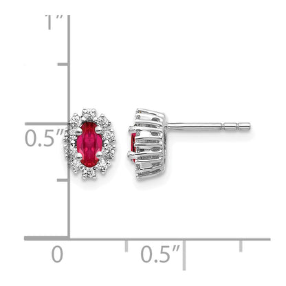 14k White Gold 1/5 Ct. Lab Grown Diamond VS/SI+ G+ and Oval Created Ruby Halo Post Earrings