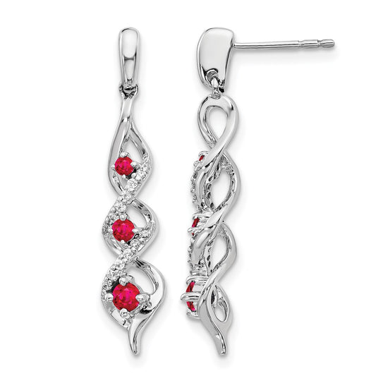 10K White Gold Diamond And Ruby 3 Stone Post Dangle Earrings