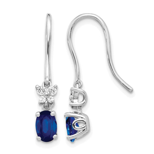 10K White Gold Diamond And Oval Sapphire Shepherd Hook Earrings