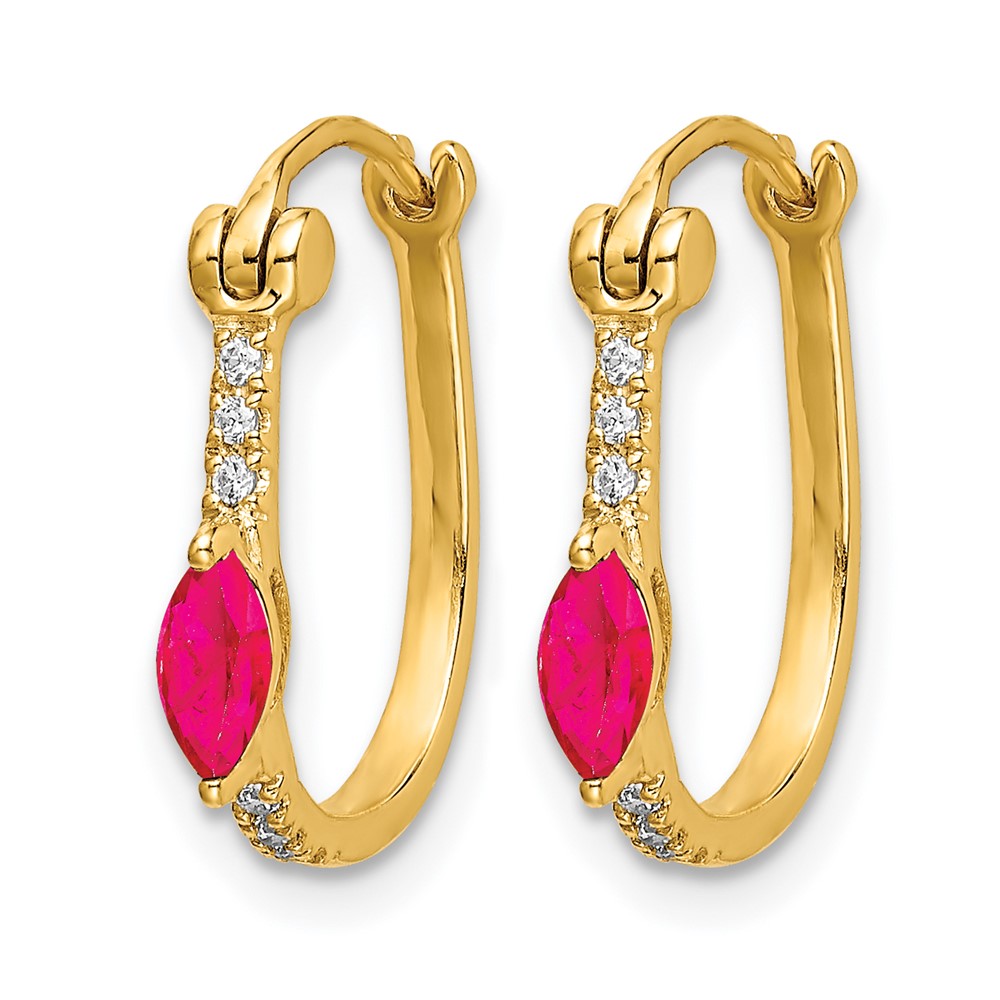 10K Yellow Gold 1/20Ct Diamond And Ruby Hinged Hoop Earrings