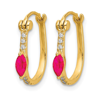 10K Yellow Gold 1/20Ct Diamond And Ruby Hinged Hoop Earrings
