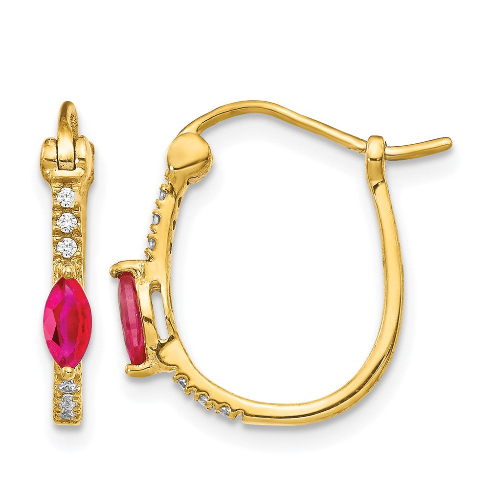 10K Yellow Gold 1/20Ct Diamond And Ruby Hinged Hoop Earrings