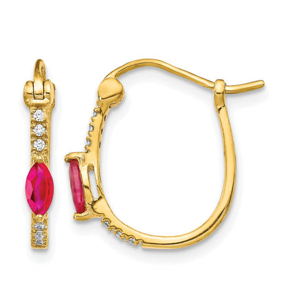 10K Yellow Gold 1/20Ct Diamond And Ruby Hinged Hoop Earrings