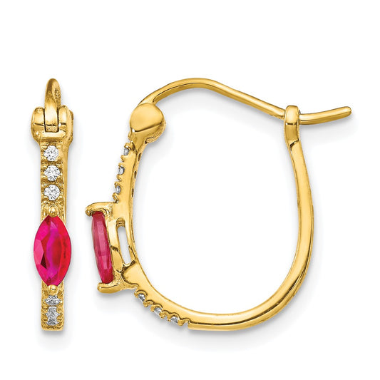 10K Yellow Gold 1/20Ct Diamond And Ruby Hinged Hoop Earrings