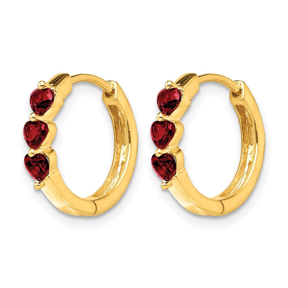 10K Yellow Gold 3 Stone Created Ruby Polished Hinged Hoop Earrings