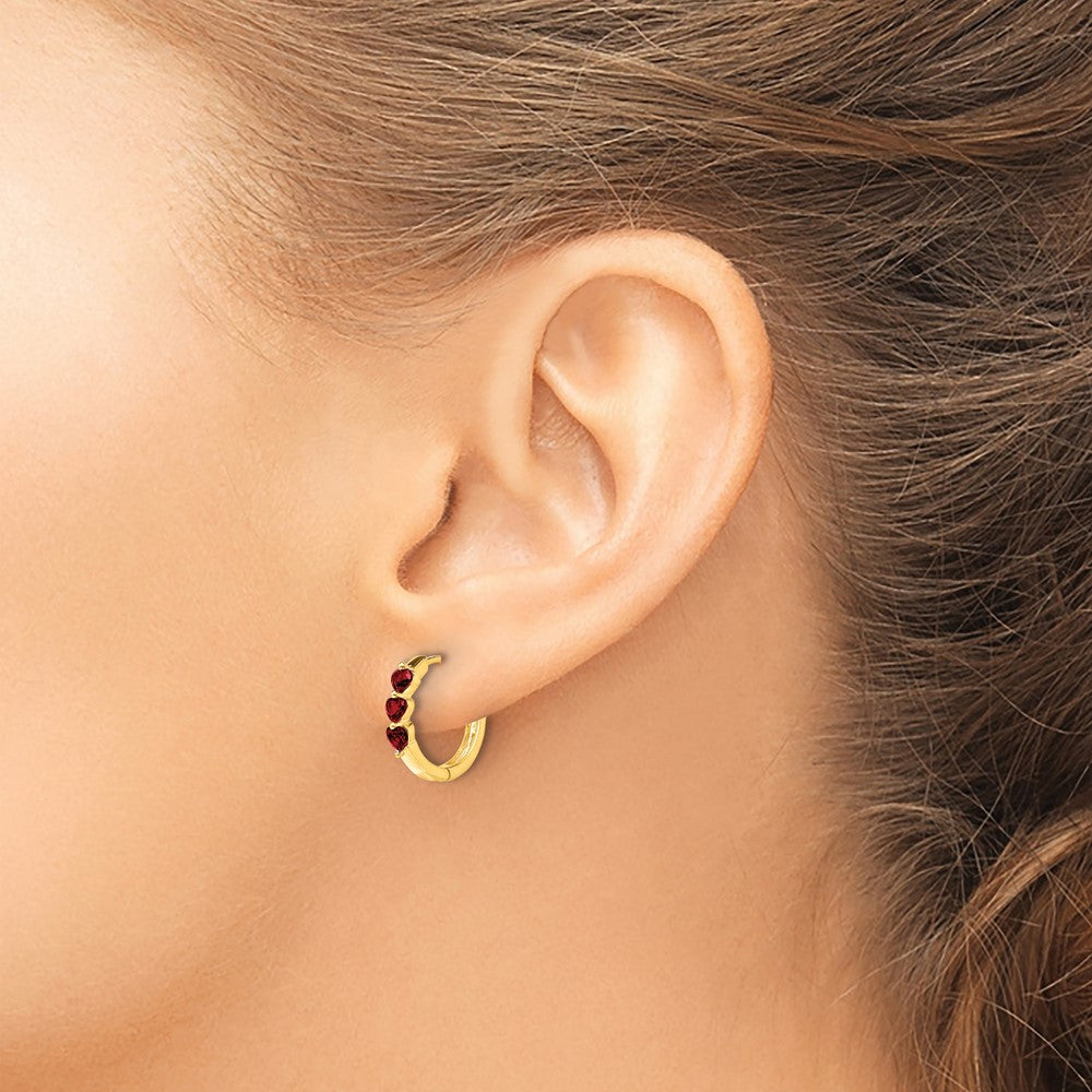 10K Yellow Gold 3 Stone Created Ruby Polished Hinged Hoop Earrings