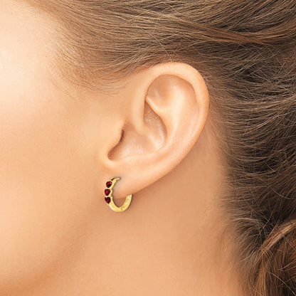 10K Yellow Gold 3 Stone Created Ruby Polished Hinged Hoop Earrings