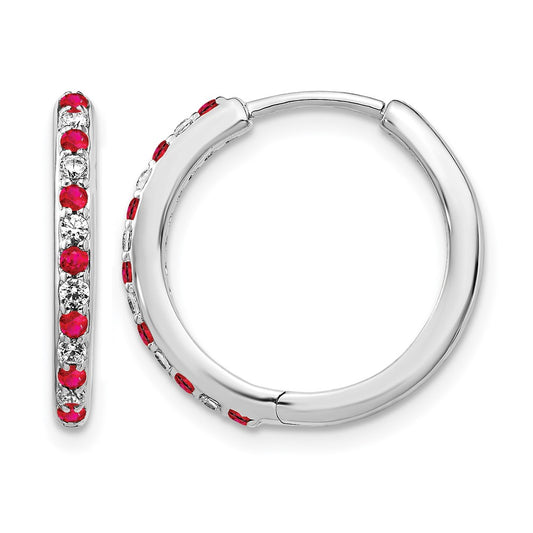 14k White Gold 1/5 Ct. Lab Grown Diamond VS/SI+ G+ and Created Ruby Hinged Hoop Earrings