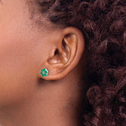 10K White Gold Polished Emerald And Diamond Post Earrings