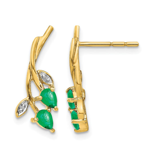 10K Yellow Gold Diamond And Pear Emerald Floral Post Earrings