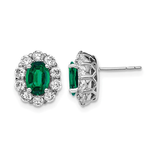 14k White Gold 1 1/5 Ct. Lab Grown Diamond VS/SI+ G+ and Oval Created Emerald Halo Post Earrings