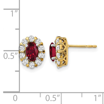 14k Yellow Gold 3/4 Ct. Lab Grown Diamond VS/SI+ G+ and Oval Created Ruby Halo Post Earrings