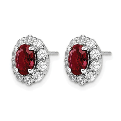 14k White Gold 1 1/5 Ct. Lab Grown Diamond VS/SI+ G+ and Oval Created Ruby Halo Post Earrings
