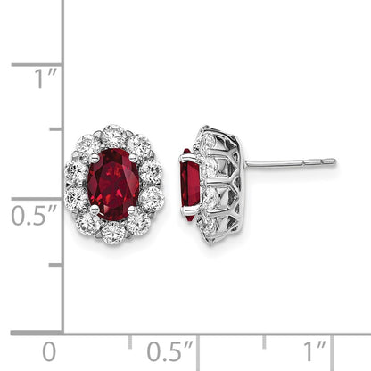 14k White Gold 1 1/5 Ct. Lab Grown Diamond VS/SI+ G+ and Oval Created Ruby Halo Post Earrings