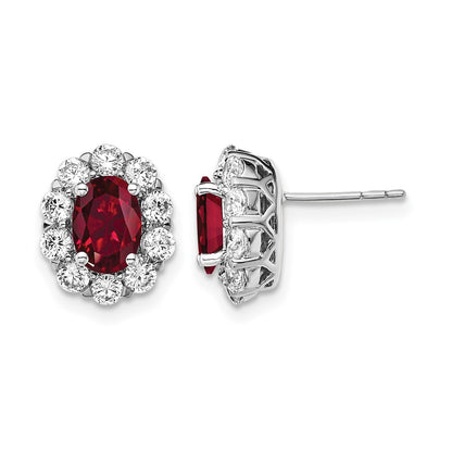 14k White Gold 1 1/5 Ct. Lab Grown Diamond VS/SI+ G+ and Oval Created Ruby Halo Post Earrings