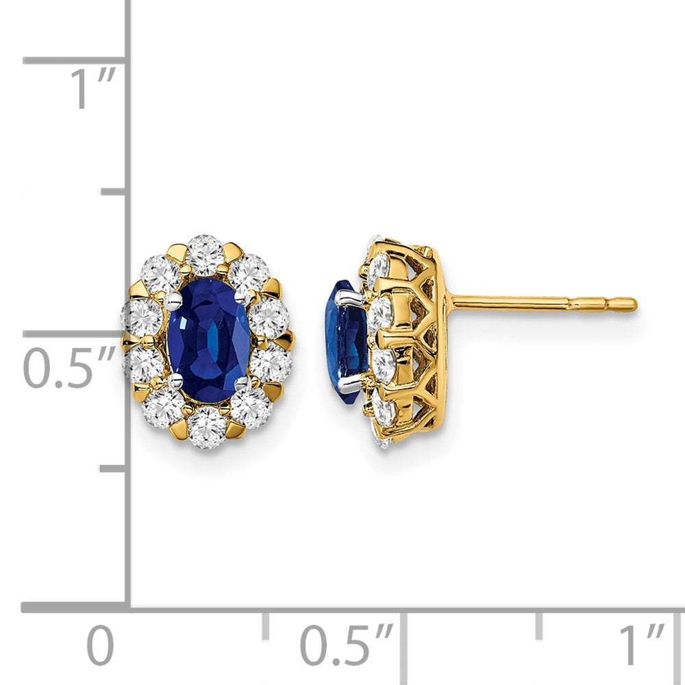 14k Yellow Gold 5/8 Ct. Lab Grown Diamond VS/SI+ G+ and Oval Created Sapphire Halo Post Earrings