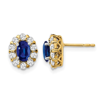 14k Yellow Gold 5/8 Ct. Lab Grown Diamond VS/SI+ G+ and Oval Created Sapphire Halo Post Earrings
