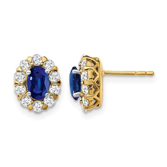14k Yellow Gold 5/8 Ct. Lab Grown Diamond VS/SI+ G+ and Oval Created Sapphire Halo Post Earrings