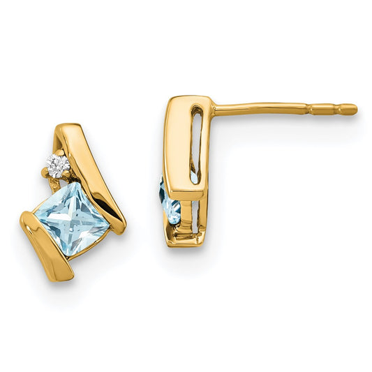 10K Yellow Gold Cushion Aquamarine And Diamond Earrings