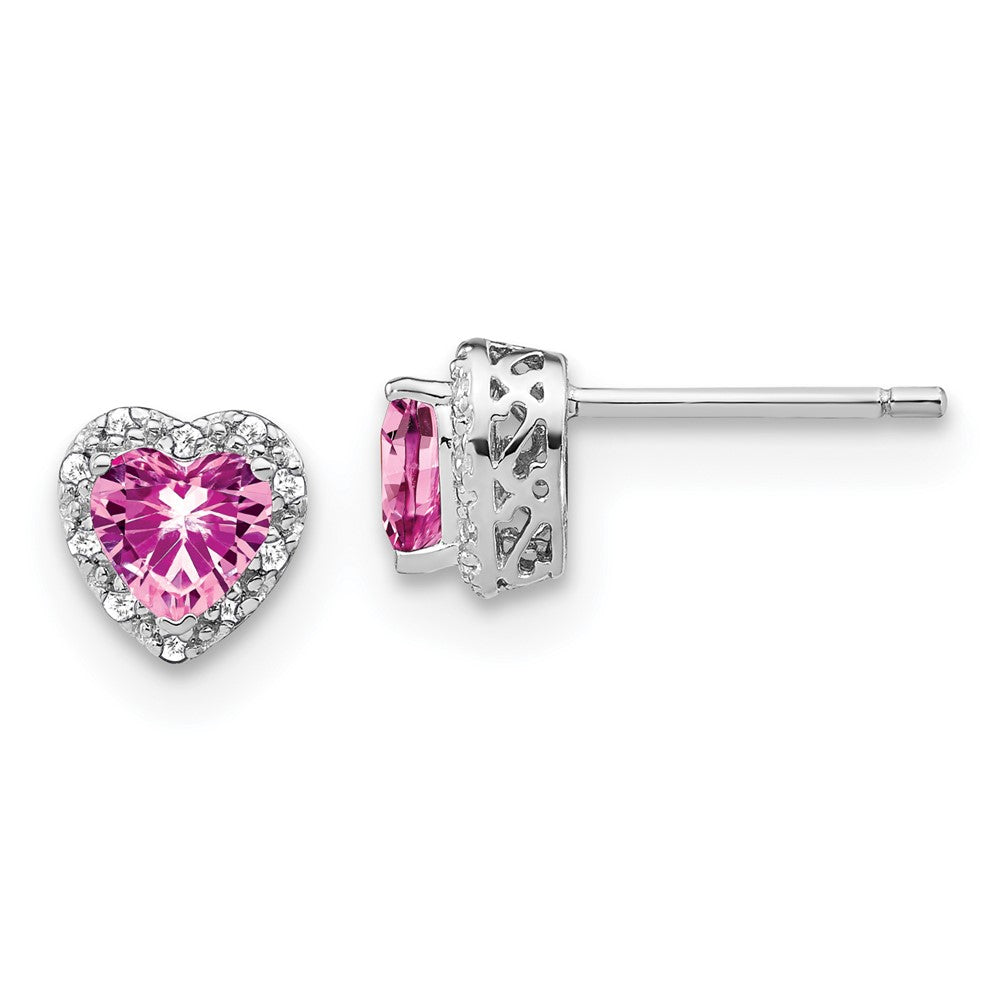 Pure Serenity 14k White Gold 1/10 Ct. Lab Grown Diamond VS/SI+ G+ and Heart Lab Created Pink Sapphire Post Earrings