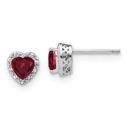 14k White Gold 1/10 Ct. Lab Grown Diamond VS/SI+ G+ and Created Ruby Complete Heart Halo Post Earrings