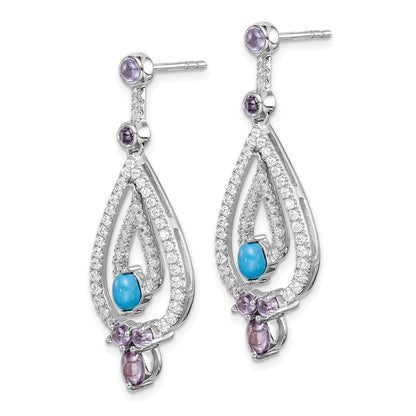 14K White Gold Turquoise/Amethyst/White Topaz Dangle Earrings