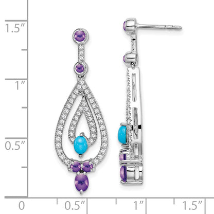 14K White Gold Turquoise/Amethyst/White Topaz Dangle Earrings