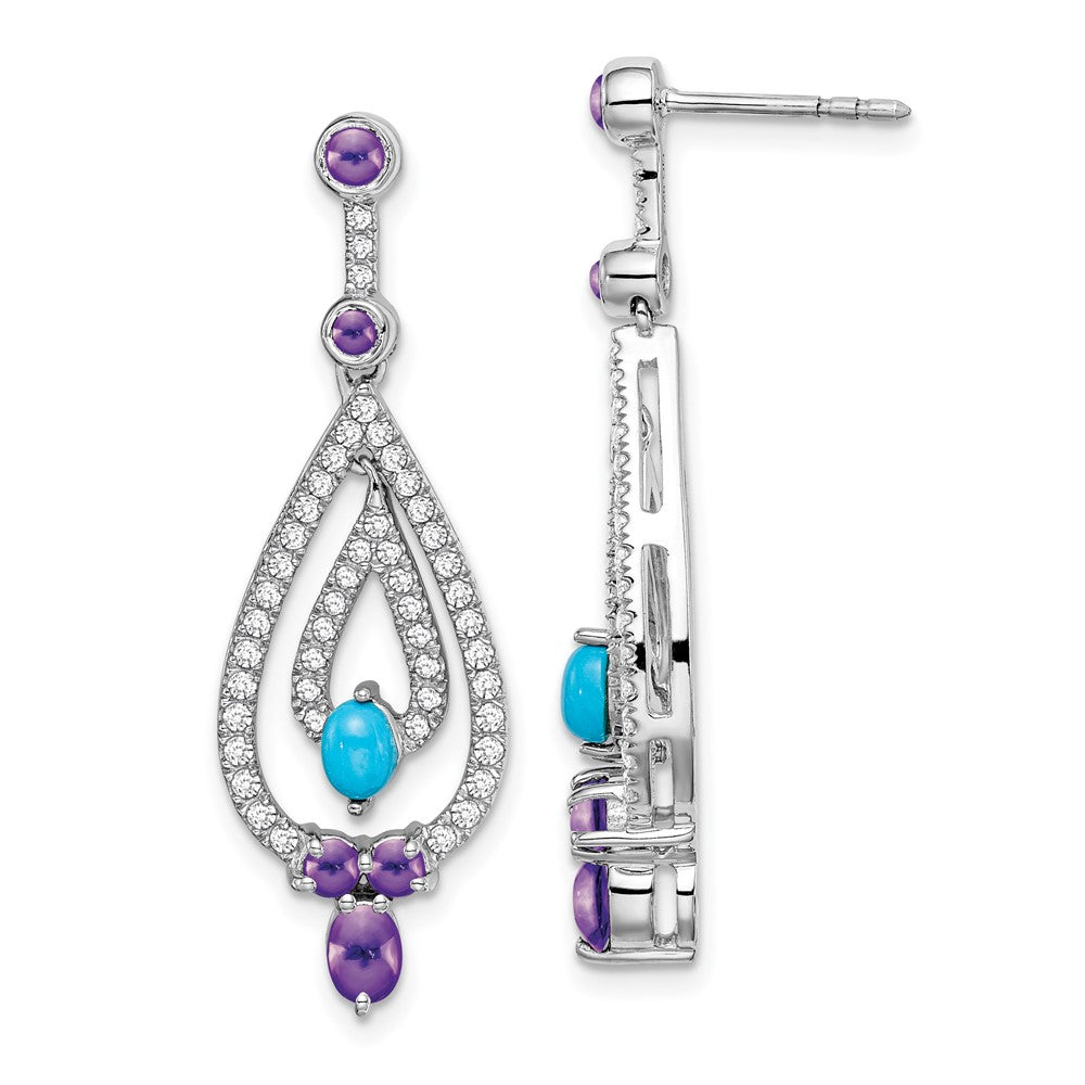 14K White Gold Turquoise/Amethyst/White Topaz Dangle Earrings
