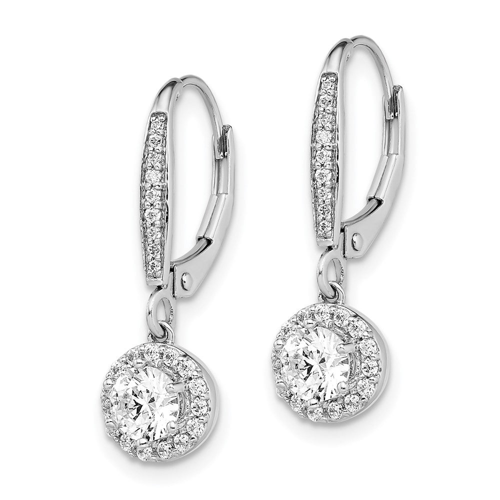 14k White Gold 1 Ct. Lab Grown Diamond VS/SI+ G+ Round Halo Drop Leverback Earrings