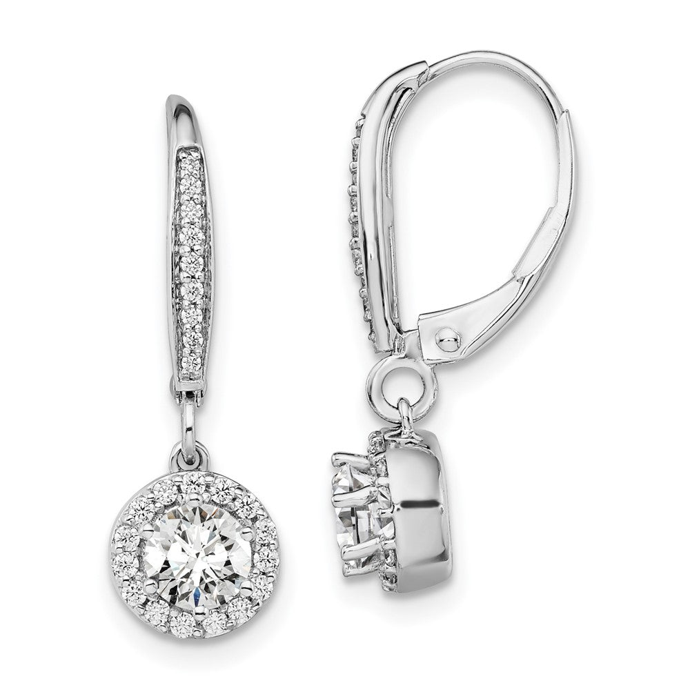 14k White Gold 1 Ct. Lab Grown Diamond VS/SI+ G+ Round Halo Drop Leverback Earrings