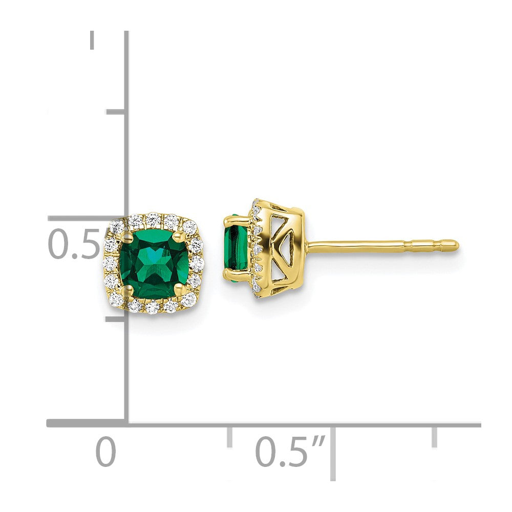 10k Yellow Gold 1/10 Ct. Lab Grown Diamond VS/SI+ G+ and Created Emerald Square Halo Post Earrings