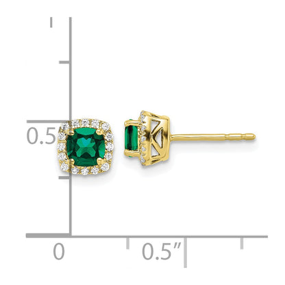 10k Yellow Gold 1/10 Ct. Lab Grown Diamond VS/SI+ G+ and Created Emerald Square Halo Post Earrings