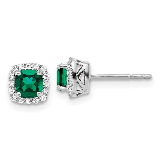 14k White Gold 1/10 Ct. Lab Grown Diamond VS/SI+ G+ and Created Emerald Square Halo Post Earrings