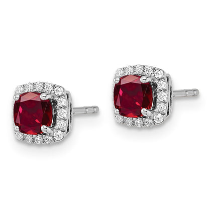 14k Yellow Gold 1/10 Ct. Lab Grown Diamond VS/SI+ G+ and Created Ruby Square Halo Post Earrings