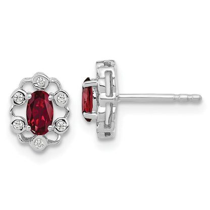 14k White Gold 1/20 Ct. Lab Grown Diamond VS/SI+ G+ and Oval Created Ruby Halo Post Earrings